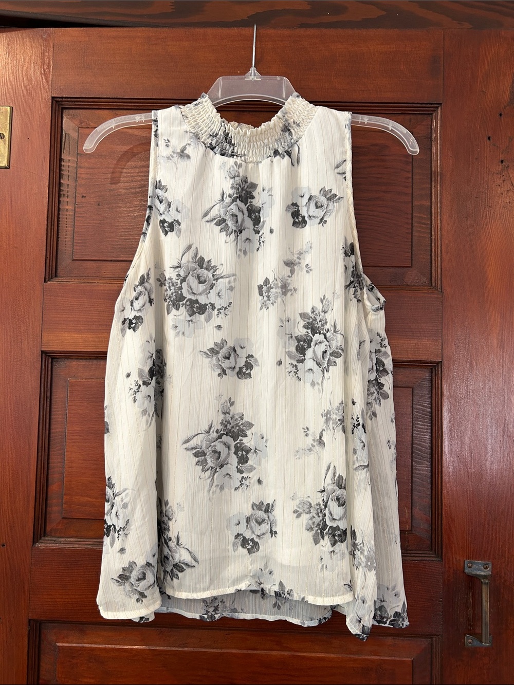 Chenault White Floral Smocked Neck Sleeveless Blouse L